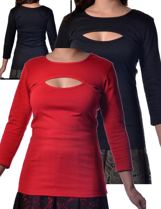 Peek a Boo Top 3/4 Sleeve Black